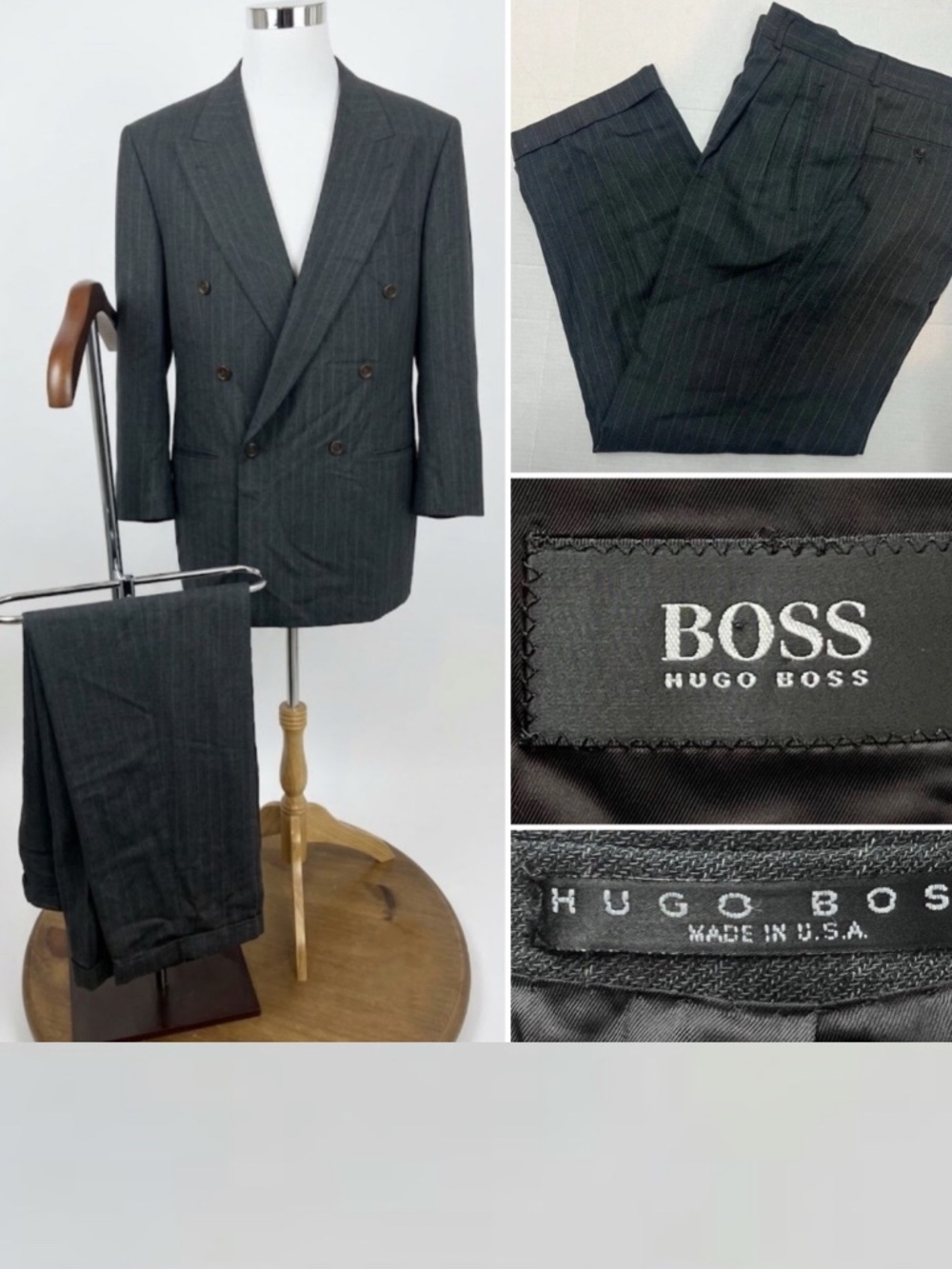 HUGO BOSS Zeus Akropolis 42L Blazer 35x30 Pants Charcoal Pinstripe Vintage Suit